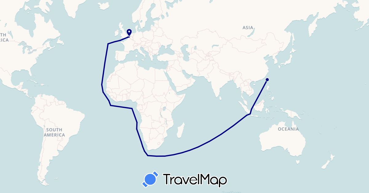 TravelMap itinerary: driving in Belgium, United Kingdom, Indonesia, Taiwan (Asia, Europe)